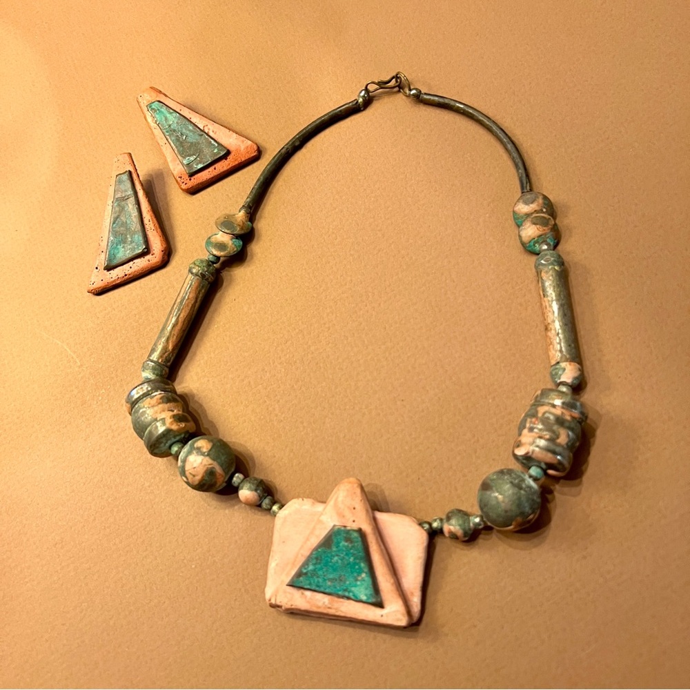 Handcrafted Vintage Artistan Jewelry Clay Pink & Turquoise, Patina Silver Tone